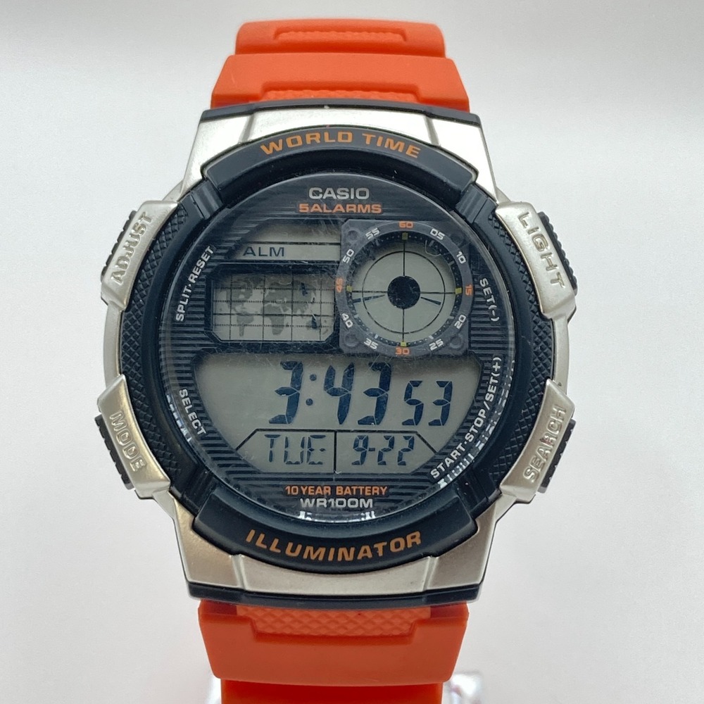 Casio Illuminator Mens Watch Orange Digital 43mm 3198 AE1000W World Time 5 Alarm